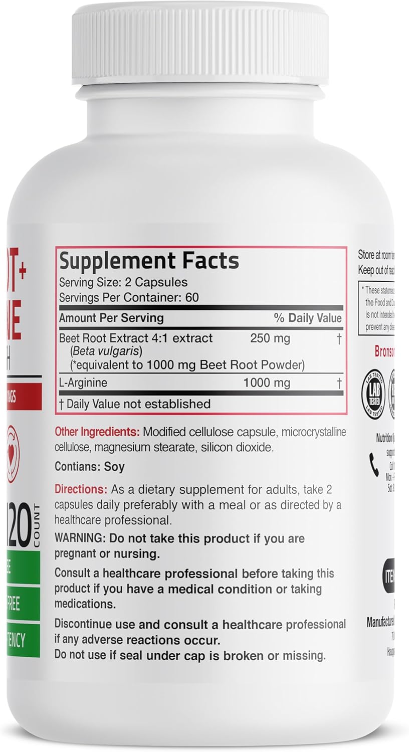 Bronson Beet Root + L-Arginine Nitric Oxide Production- Non-GMO, 120 Vegetarian Capsules