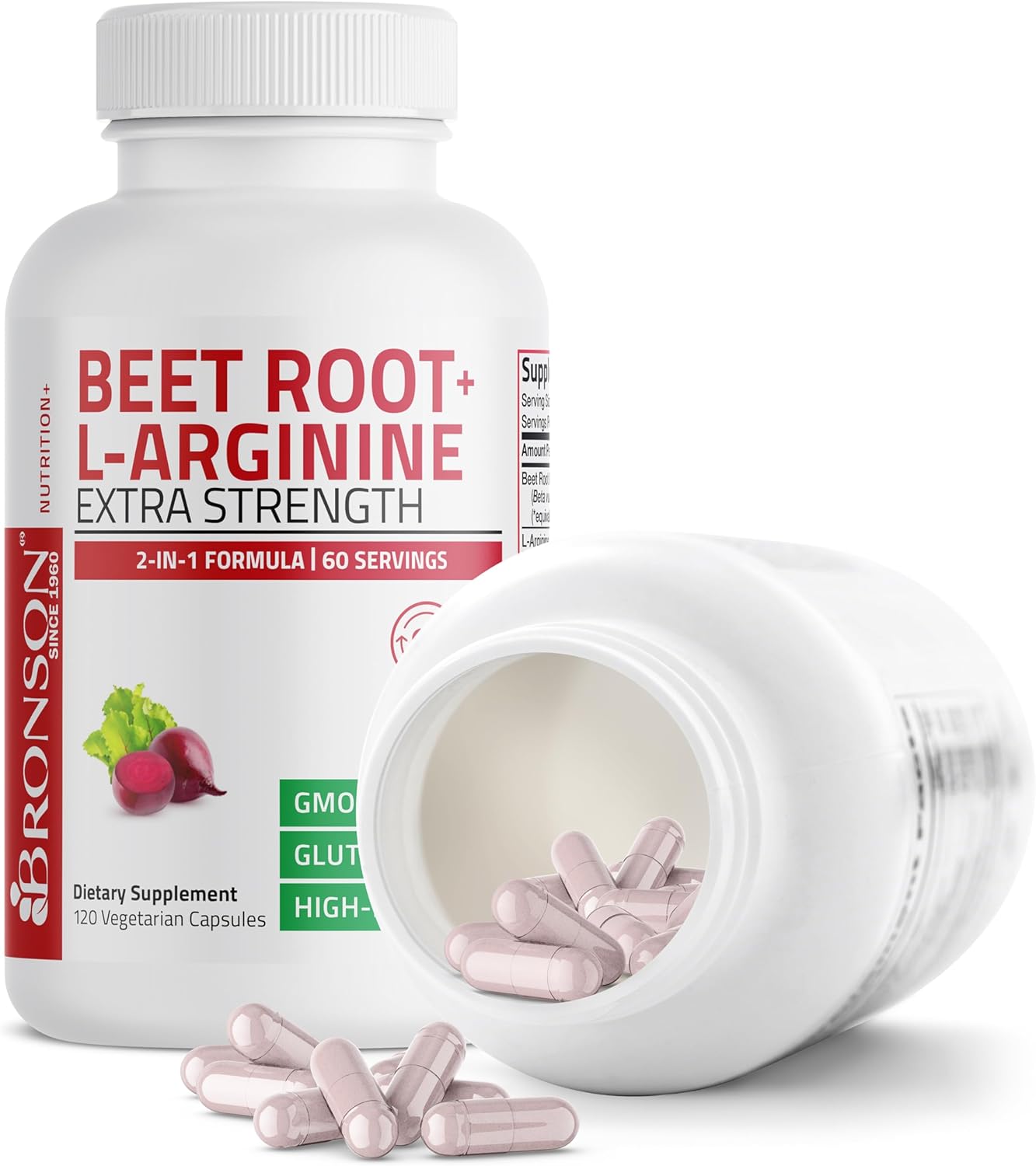 Bronson Beet Root + L-Arginine Nitric Oxide Production- Non-GMO, 120 Vegetarian Capsules