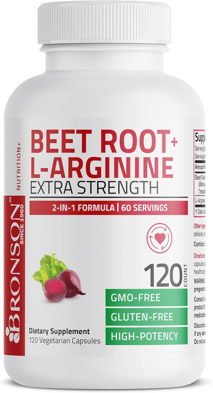 Bronson Beet Root + L-Arginine Nitric Oxide Production- Non-GMO, 120 Vegetarian Capsules