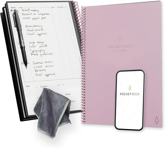 Rocketbook Fusion Reusable Undated Productivity Planner, Letter Size 8.5x11, Pink - Goals, Monthly and Weekly Calendar, Daily To-do List, Lined and Dotted Notes Pages