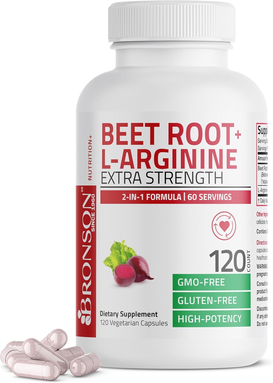 Bronson Beet Root + L-Arginine Nitric Oxide Production- Non-GMO, 120 Vegetarian Capsules