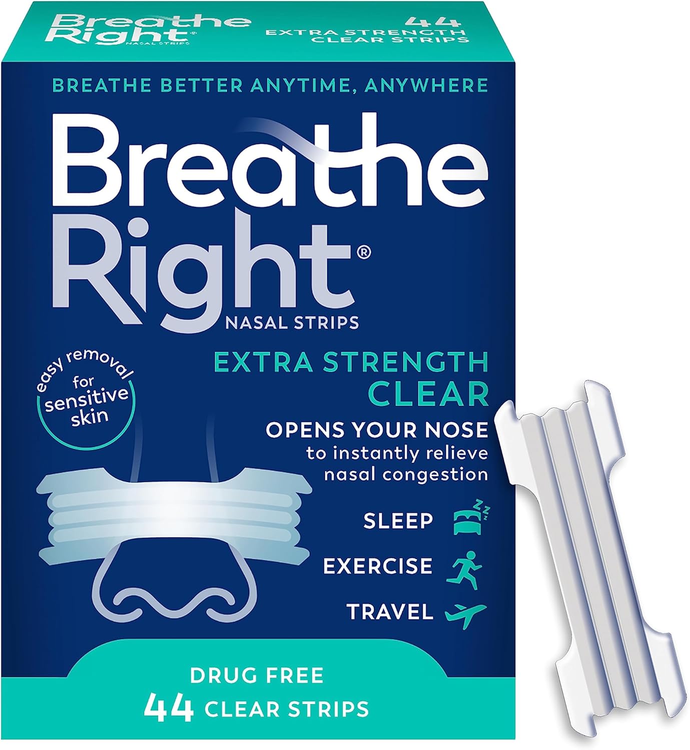 Breathe Right Nasal Strips | Extra Strength | Clear | For Sensitive Skin I Drug-Free Snoring Solution & Nasal Congestion Relief Caused by Colds & Allergies | 44 Count (Packaging May Vary)