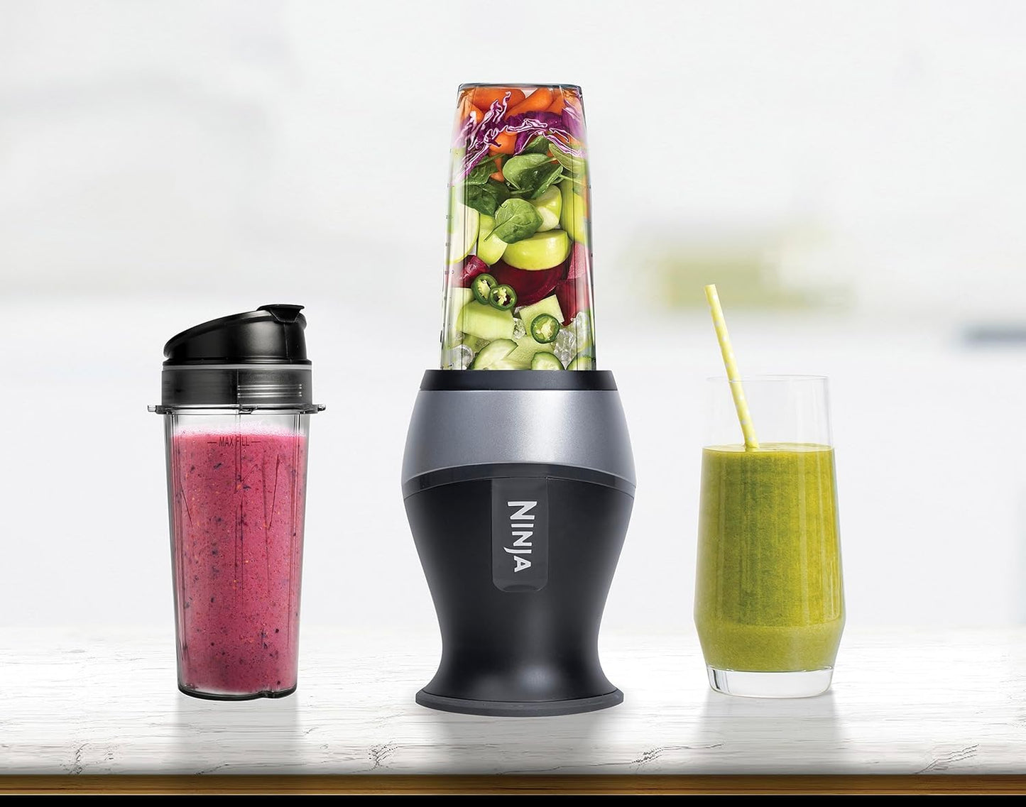 Ninja Fit Compact Personal Blender, Portable Blender for-Smoothies, Shakes, Food Prep, and Frozen Blending, 700-Watt Base, (2) 16-oz. Cups and Spout Lids, Black QB3001SS