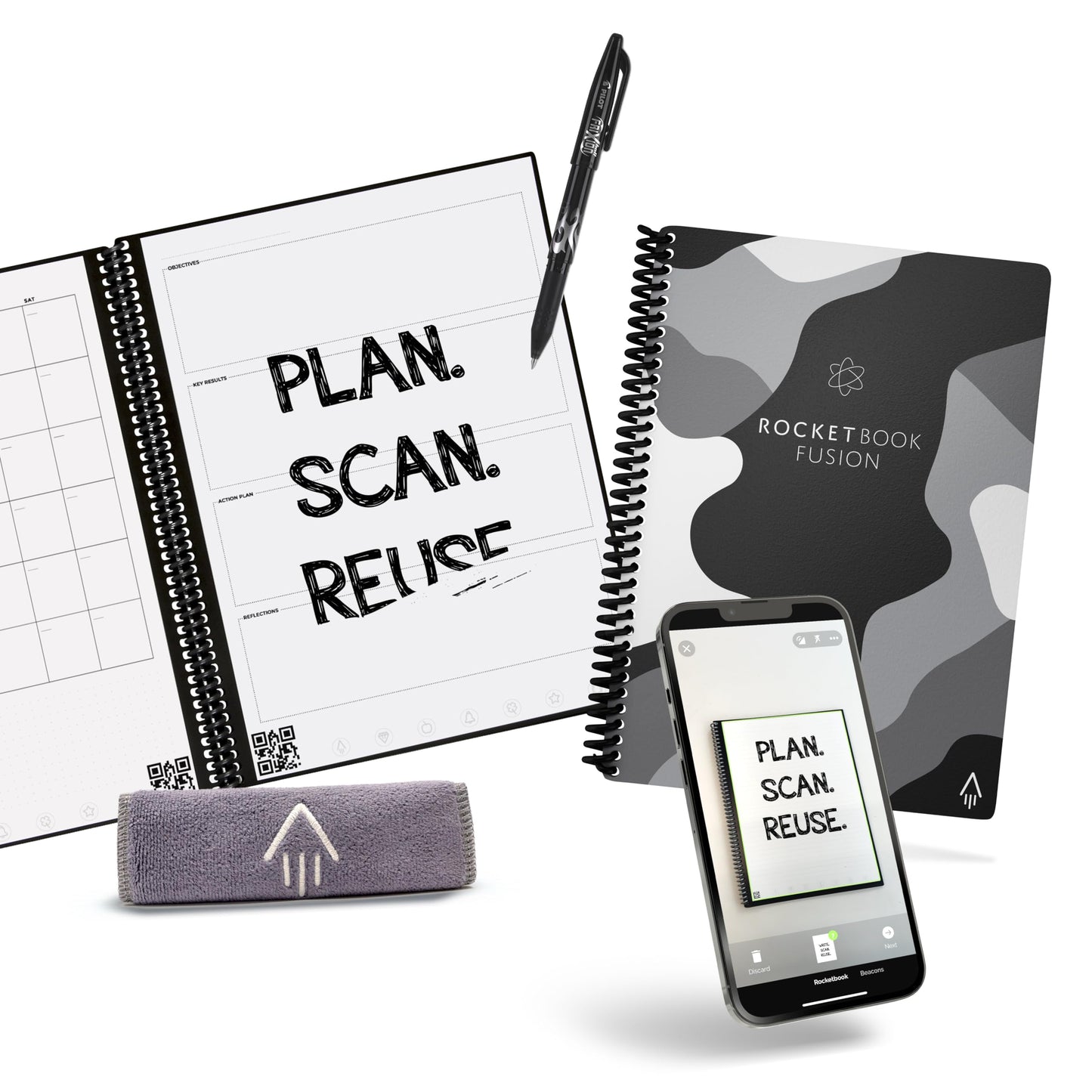 Rocketbook Fusion Reusable Undated Productivity Planner, Letter Size 8.5x11, Black - Goals, Monthly and Weekly Calendar, Daily To-do List, Lined and Dotted Notes Pages