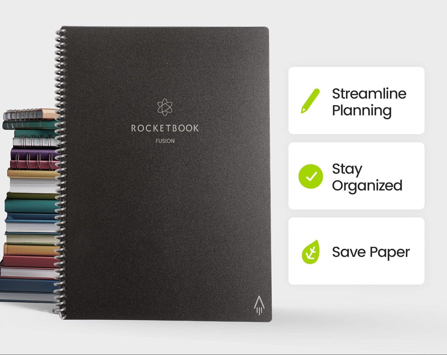 Rocketbook Fusion Reusable Undated Productivity Planner, Letter Size 8.5x11, Black - Goals, Monthly and Weekly Calendar, Daily To-do List, Lined and Dotted Notes Pages